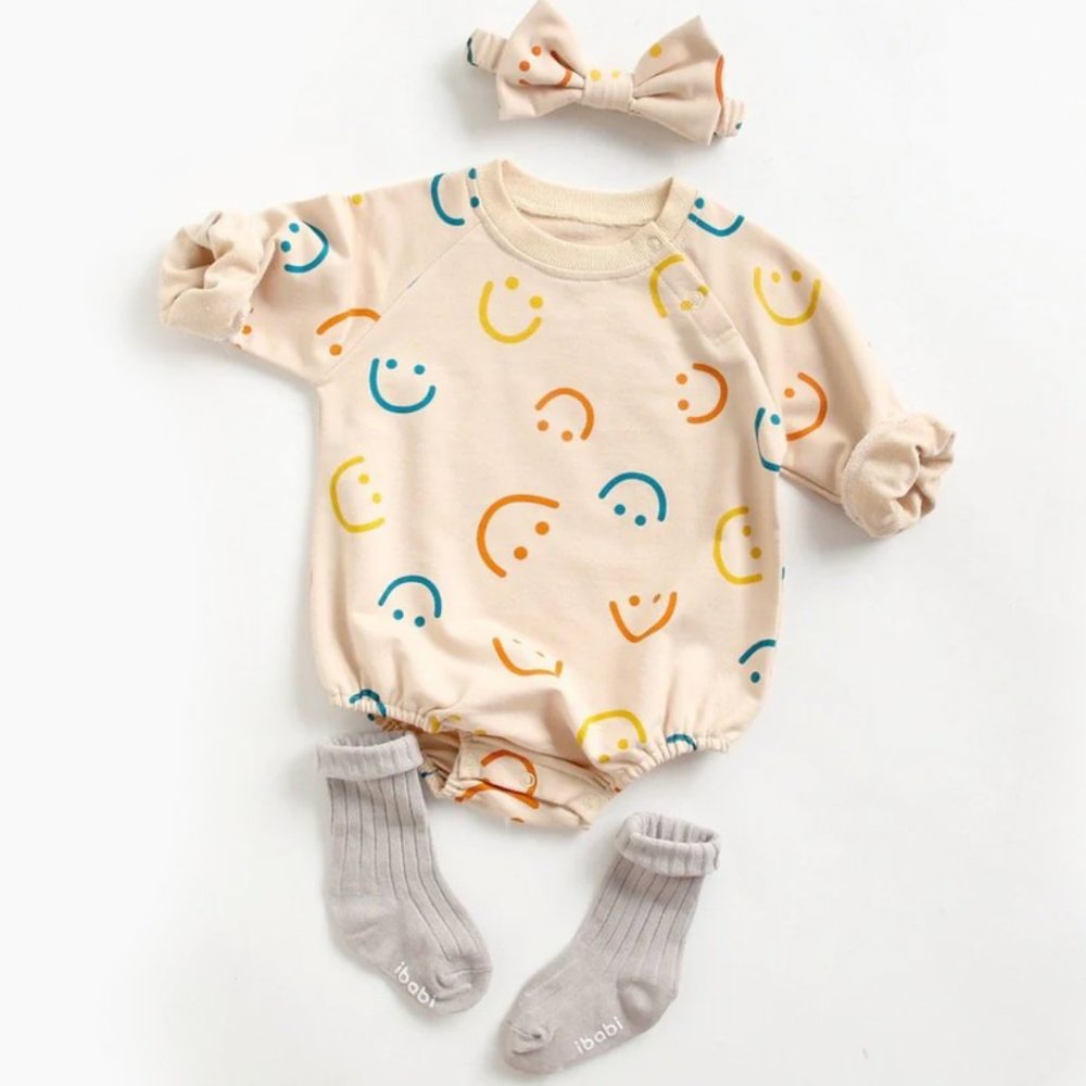 Smiley Print cotton Bubble Romper with Matching Bow 0-6M